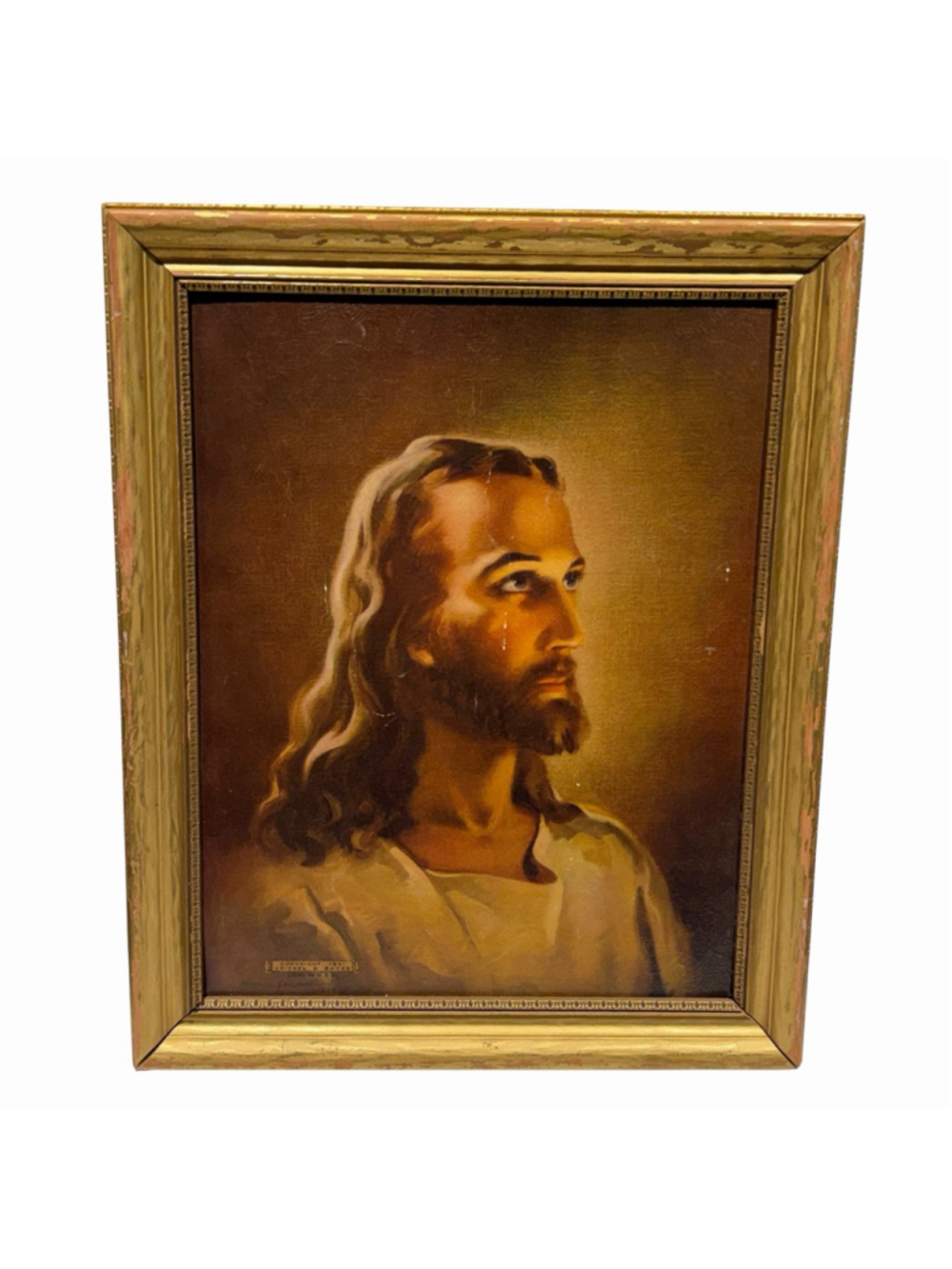Vtg MCM 1941 Kriebel & Bates Head of Christ Jesus Framed Lithograph Print USA